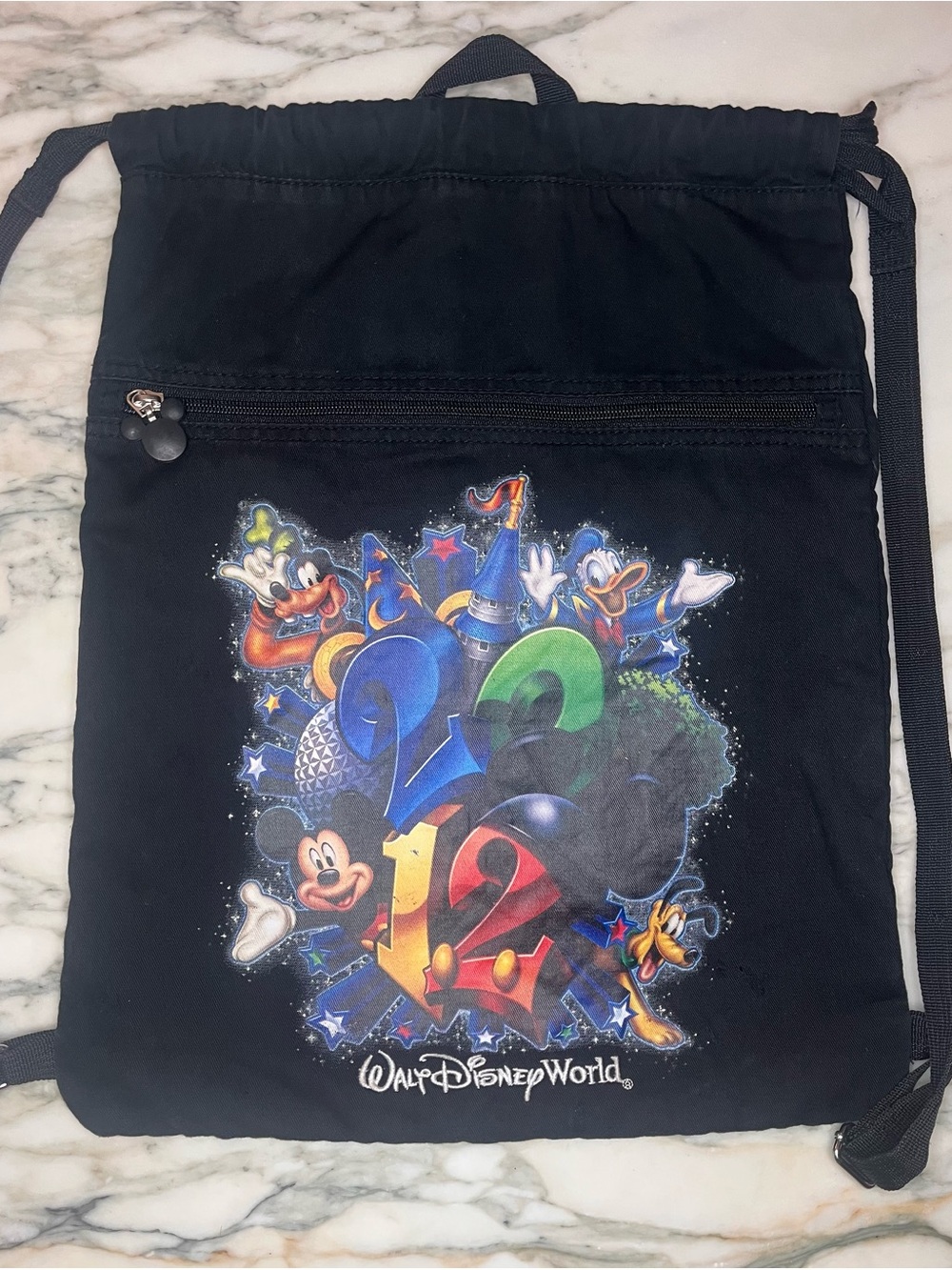Disney Black Drawstring Backpack with Colorful 25th Anniversary Graphic
